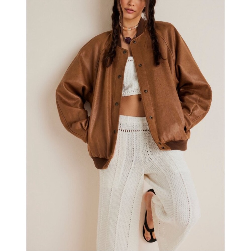 NWT FREE PEOPLE We The Free People Wild Rose Vegan Suede Bomber Jacket Chestnut